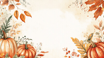 Watercolor Autumn Frame with Pumpkins and Fall Leaves for Thanksgiving Greeting Card Desig