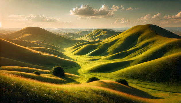 A serene landscape image of rolling hills covered in green grass with patches of wildflowers.