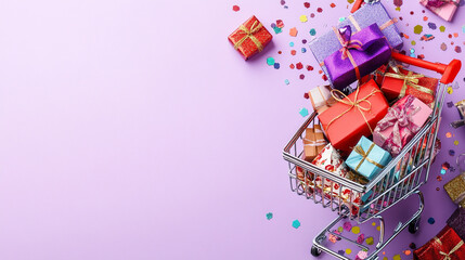 Shopping Cart Filled with Gifts and Confetti on Purple Background