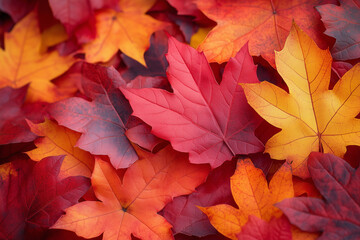 Closeup photo of a pile of fallen maple leaves in bright shades of red orange and yellow during autumn background image
