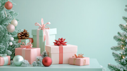 Festive Christmas Presents Under a Christmas Tree with Mint Background