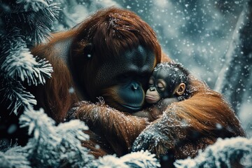 Obraz premium A mother orangutan snuggles her baby in the snow. This photo portrays the bond between a mother and child, and the protective nature of mothers.