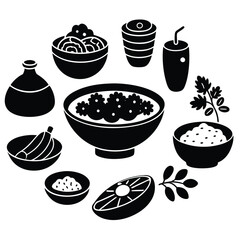 Collection of Vegetarian Dish Line Art on White Background for Healthy Food Projects