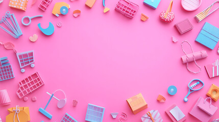 Pink Background with Colorful Shopping Cart and Gift Box Frame