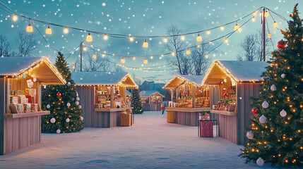 Festive Christmas Market Stall Decorated with Lights and Snow