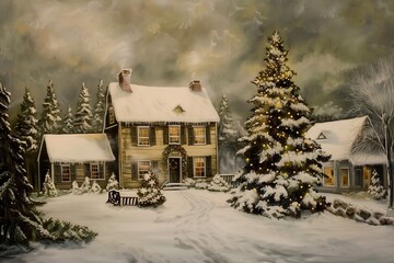 Vintage digital oil painting of a winter Christmas scene for winter holiday wall decor, art print, fine art, wallpaper, beautiful background design. Generative AI.