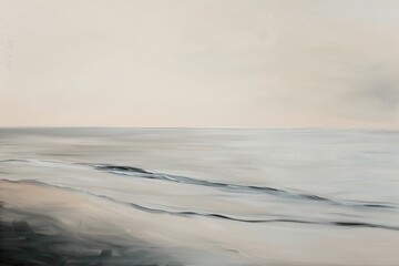 Vintage digital oil painting of neutral beach ocean landscape for wall decor, art print, fine art, wallpaper, beautiful background design. Generative AI.