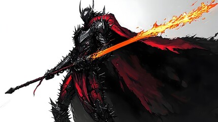 Fearsome Shadow Warrior Wielding Blazing Sword in Dramatic Anime Style