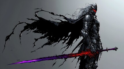 Armored Warrior with Glowing Sword Shrouded in Ominous Dark Cape