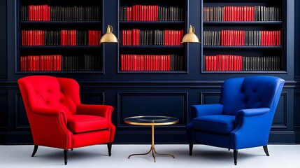 Red and Blue Armchairs in a Library Setting