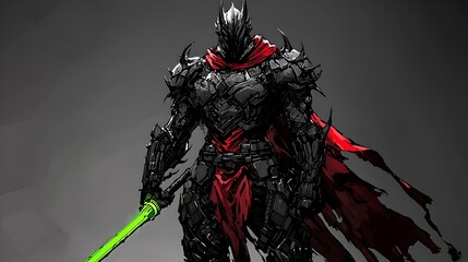 Formidable Gothic Knight in High-Tech Black and Red Armor Wielding Neon Green Blade