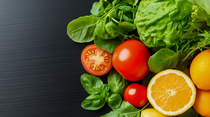 Healthy food. Vegetables and fruits. On a black wooden background. Top view. Copy space 
