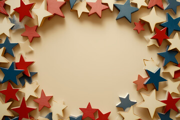Red, white, and blue wooden stars arranged in an oval