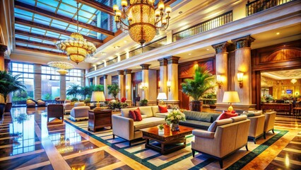 Fototapeta premium Breathtaking tilt-shift images capture a lavish hotel lobby complete with refined decor, chic furnishings, soothing lighting, a friendly atmosphere, and stunning architectural details.