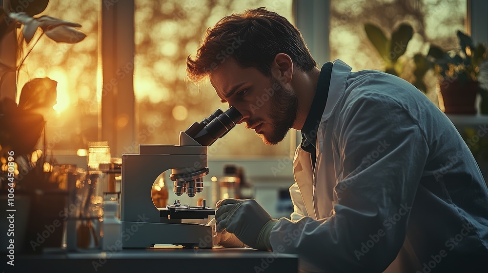 Aufkleber technician examining sample with microscope in laboratory