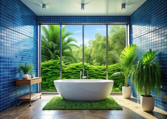 Fototapeta premium Bright Minimalist Bathroom with Blue Tiles and Freestanding Tub - Tranquil Greenery View
