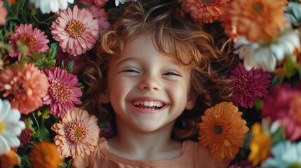 Joyful Child Surrounded by Colorful Flowers
