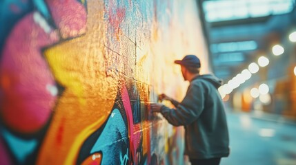 Urban Artist Creating Vibrant Graffiti in City Scene