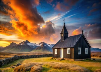 Fototapeta premium Budakirkja Black Church captures the essence of Snaefellsnes Peninsula, Iceland, with its dramatic skies, unique architecture, and stunning landscapes, making it a travel photographer's dream.