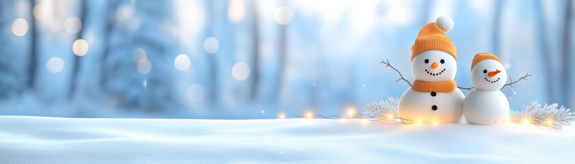 Obraz premium Two snowmen with christmas hats in a winter wonderland, festive holiday scene