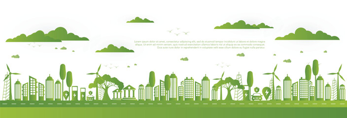 Sustainability vector illustration, green energy concept, eco friendly building, sustainable industry, electric cars, wind turbine and solar power, green background