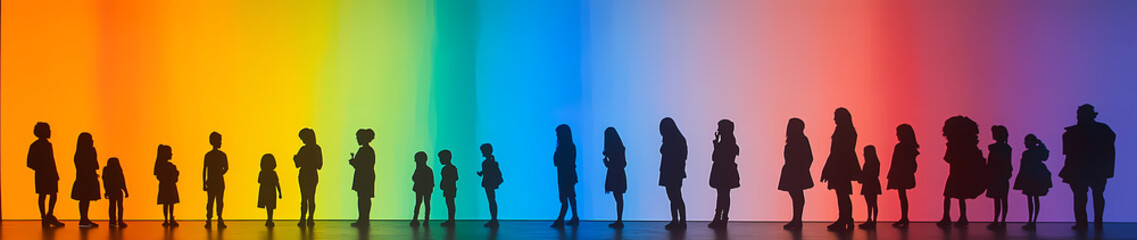Diverse silhouettes standing in line against a vibrant rainbow backdrop.