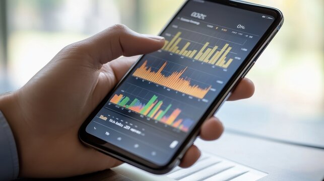 Image of a hand holding a tablet, mobile phone with graphics about a graph that represents business, finance, the increase or decrease of goods or services.