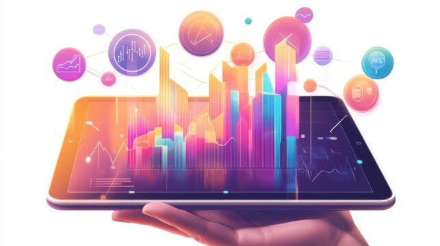 Image of a hand holding a tablet, mobile phone with graphics about a graph that represents business, finance, the increase or decrease of goods or services.