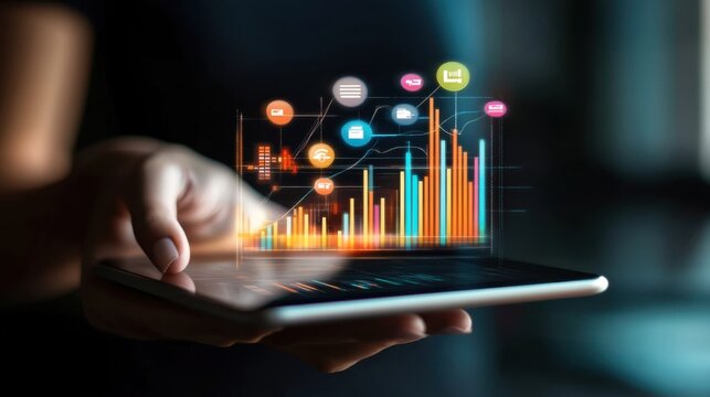 Image of a hand holding a tablet, mobile phone with graphics about a graph that represents business, finance, the increase or decrease of goods or services.