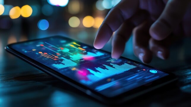 Image of a hand holding a tablet, mobile phone with graphics about a graph that represents business, finance, the increase or decrease of goods or services.