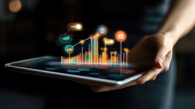 Image of a hand holding a tablet, mobile phone with graphics about a graph that represents business, finance, the increase or decrease of goods or services.