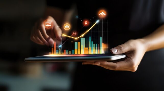 Image of a hand holding a tablet, mobile phone with graphics about a graph that represents business, finance, the increase or decrease of goods or services.