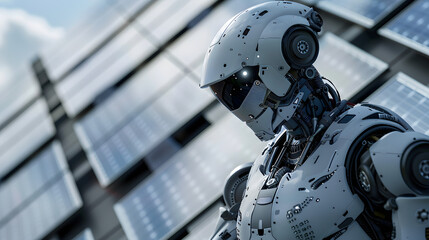 Advanced worker robot at work, securing a new solar panel to a residential roof, emphasizing modern energy solutions