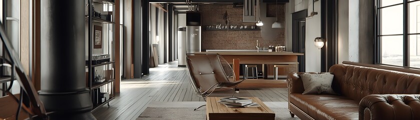 Modern Industrial Loft Living Room with Brown Leather Sofa and Exposed Brick Wall