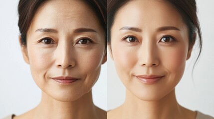 Photos of Asian, Korean, and Japanese women's faces showing their problematic and clean faces without blemishes, before and after photos for advertisements for skin care products and cosmetics.