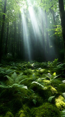 Obraz premium Sunbeams illuminating a lush green forest floor.