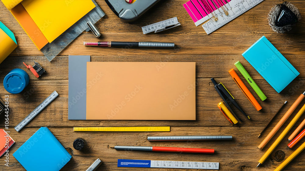 Poster top view of an artist's workspace with a blank notebook surrounded by colorful stationery.