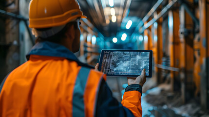 AR Technology Reveals Subterranean Infrastructure Utility Worker Silhouette Uses Digital Blueprints to Locate Underground Pipes on Tablet Screen