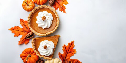 Pumpkin pie on desk. Homemade pie. no people thanksgiving dinner. Autumn.. copy space. Top view. slice of pie