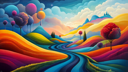 Fototapeta premium Explore an otherworldly dreamscape where abstract forms meld with the vibrant hues of the rainbow. Dreamscape. Illustration