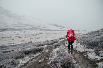 a tourist girl with a red backpack walks through the winter mountains dusted with the first snow in...