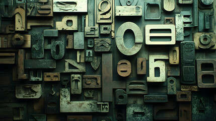 A chaotic arrangement of old, worn wooden letterpress blocks.