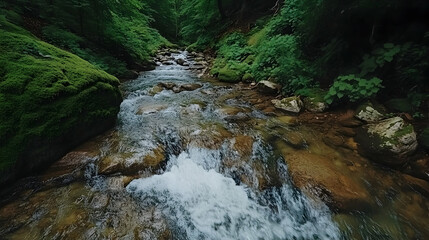 A cascading stream flows through a lush, mossy forest.