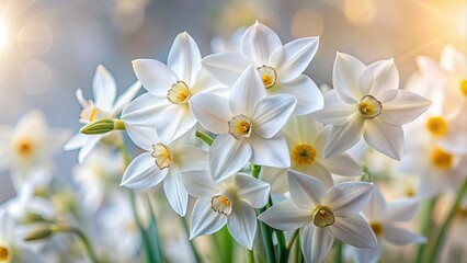 Obraz premium Captivating Paperwhite blooms showcase an exquisite Narcissus Papyraceus arrangement, with soft focus enhancing the aesthetic. Perfect for nature lovers and floral enthusiasts to admire.