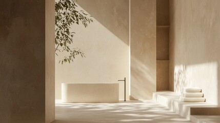 Serene Spa Retreat: Minimalist Bathroom with Freestanding Tub and Natural Stone Tiles