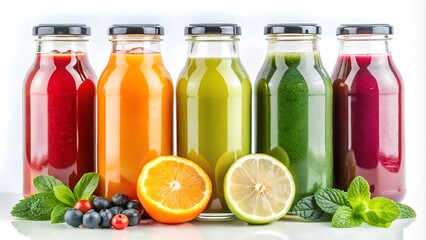  Arow of colorful juice bottles in a  variety 