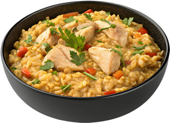 Delicious Risotto featuring creamy rice, mushrooms, and aromatic herbs and spices. 