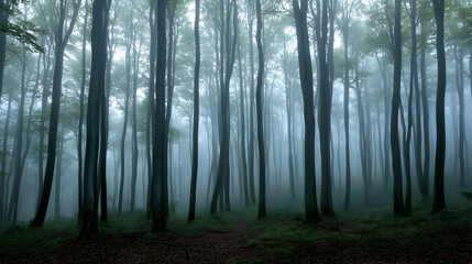 A misty forest path winds through tall trees with a sense of mystery and solitude.
