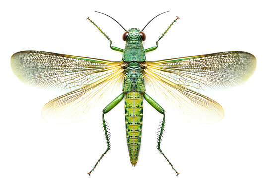 A green dragonfly scene on a white background