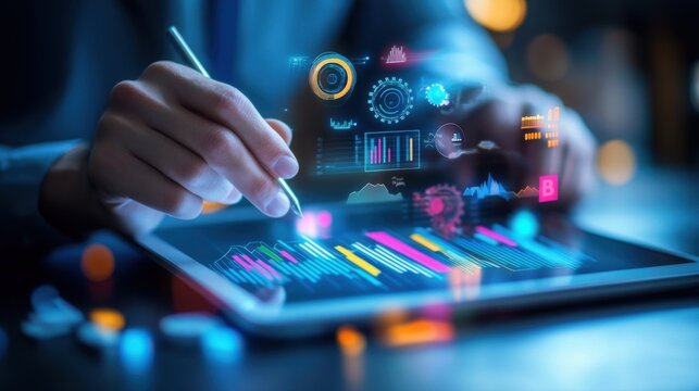 Image of a hand holding a tablet, mobile phone with graphics about a graph that represents business, finance, the increase or decrease of goods or services.